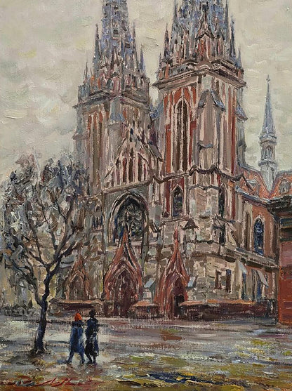 Oil painting of Church of St. Nicholas by Leonid Pavlenko, gothic cathedral