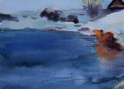 Watercolor painting of serene blue lake under snowy sky by Boris Serdyuk