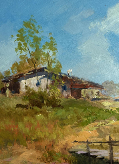 Oil painting The Road Leading Home by Yuriy Suprunchuk: weathered white farmhouse