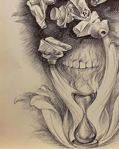 Detailed pencil sketch of skull with hourglass by Natalia Bulat