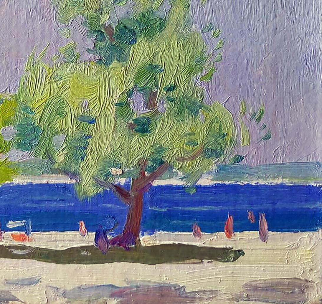 Oil painting Sea shore by Yury Konovalov: green tree on beach by blue water, purple sky