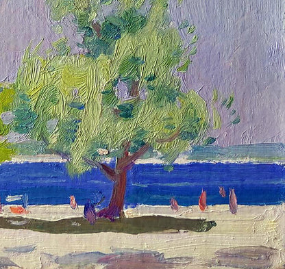 Oil painting Sea shore by Yury Konovalov: green tree on beach by blue water, purple sky