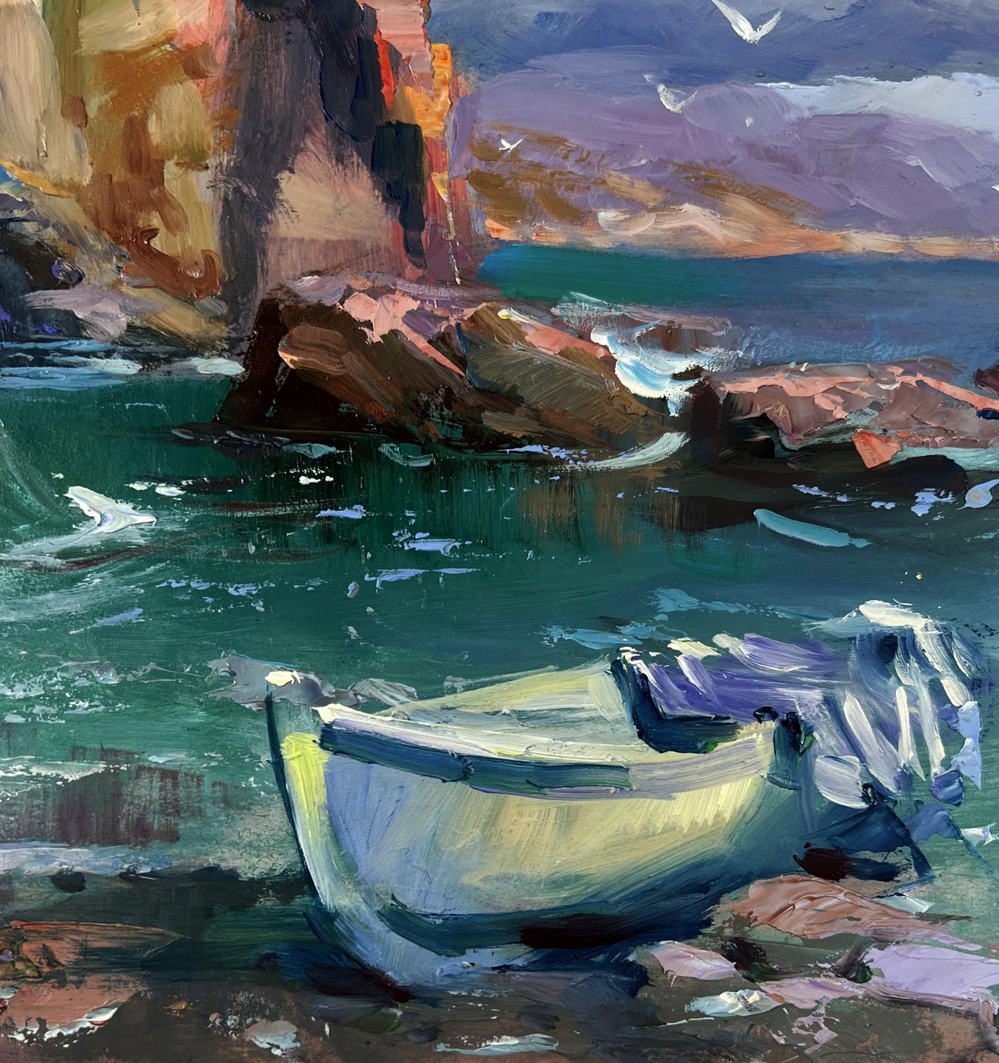 Oil painting by Yuriy Suprunchuk: rowboat on rocky shore by turquoise sea