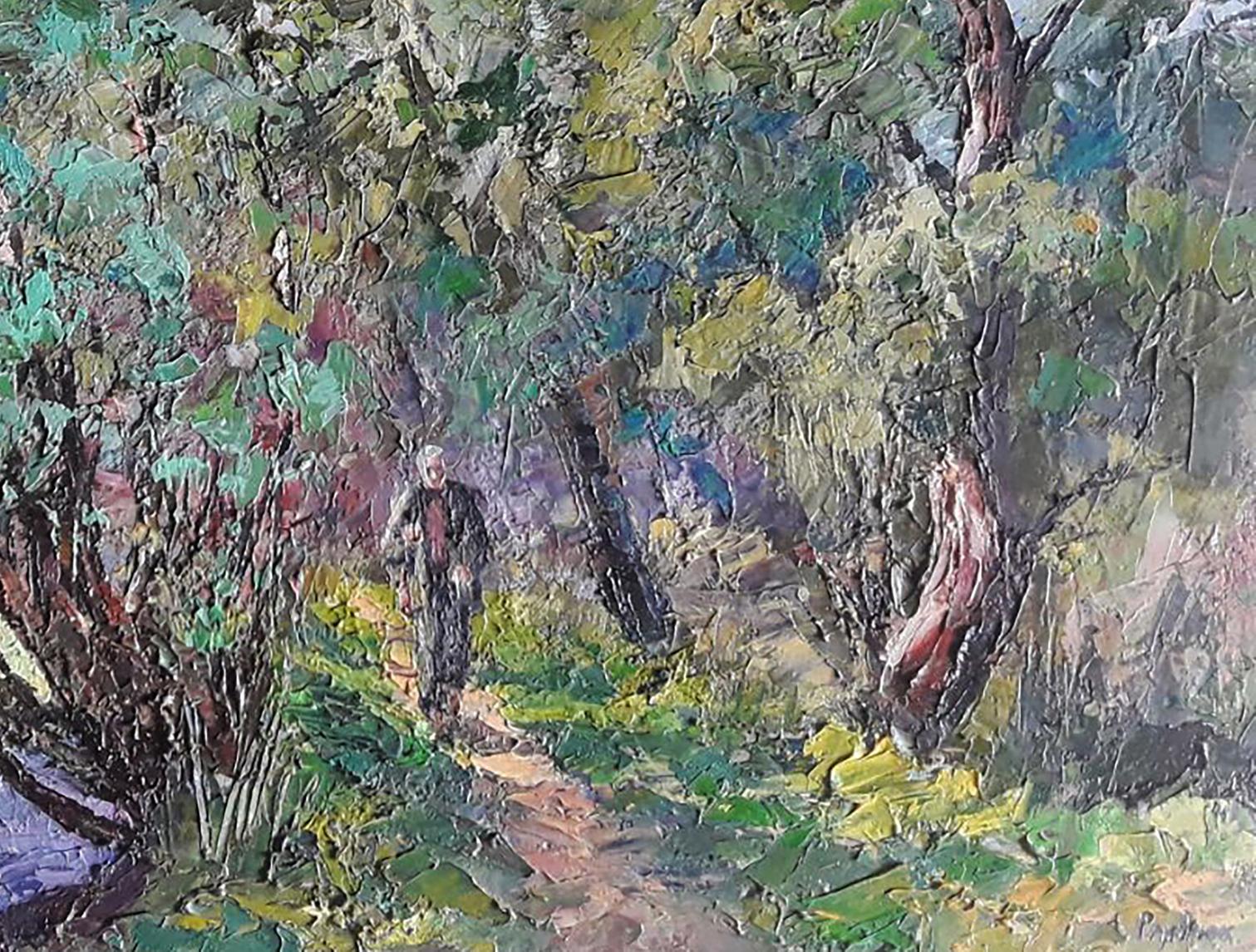 Textured impasto oil painting On the Hunt by Boris Serdyuk, man on forest path