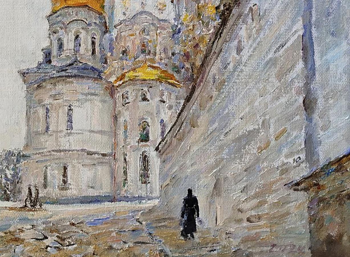 Oil painting Silver Day by Leonid Pavlenko: white church with golden domes
