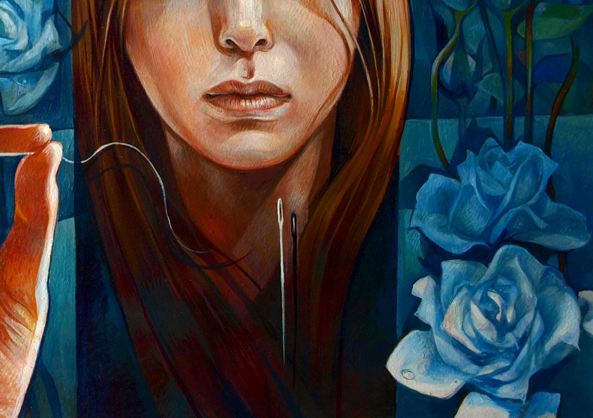 Oil painting Garden of Delights by Konsta G. Amelinn: woman with long brown hair holding needle and thread amid blue roses