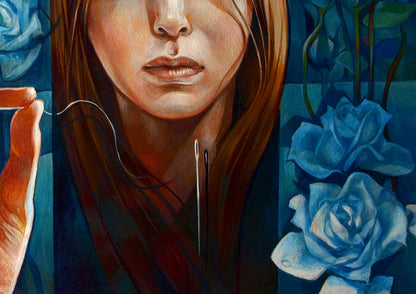 Oil painting Garden of Delights by Konsta G. Amelinn: woman with long brown hair holding needle and thread amid blue roses