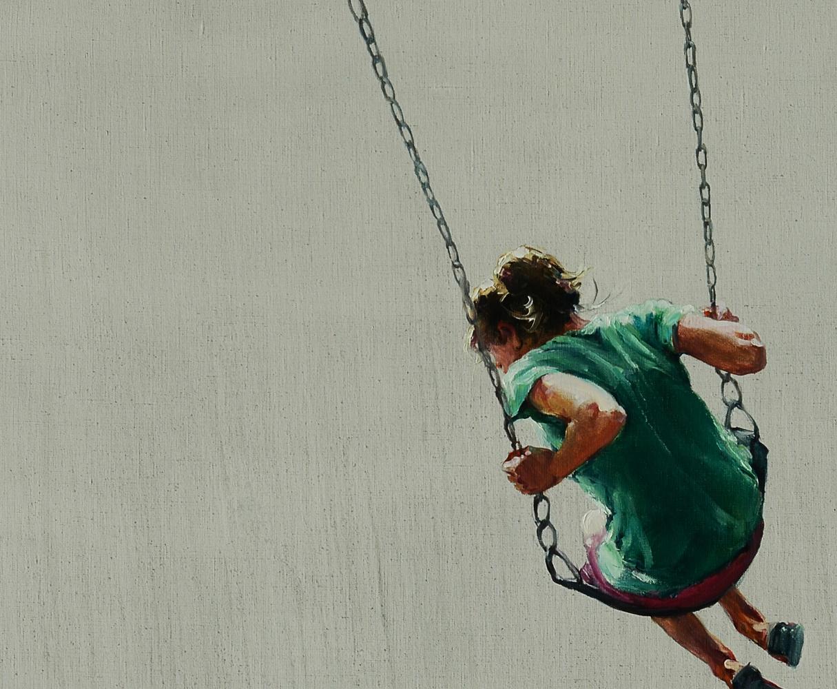Oil painting of child in green dress swinging, by Oleg Kateryniuk