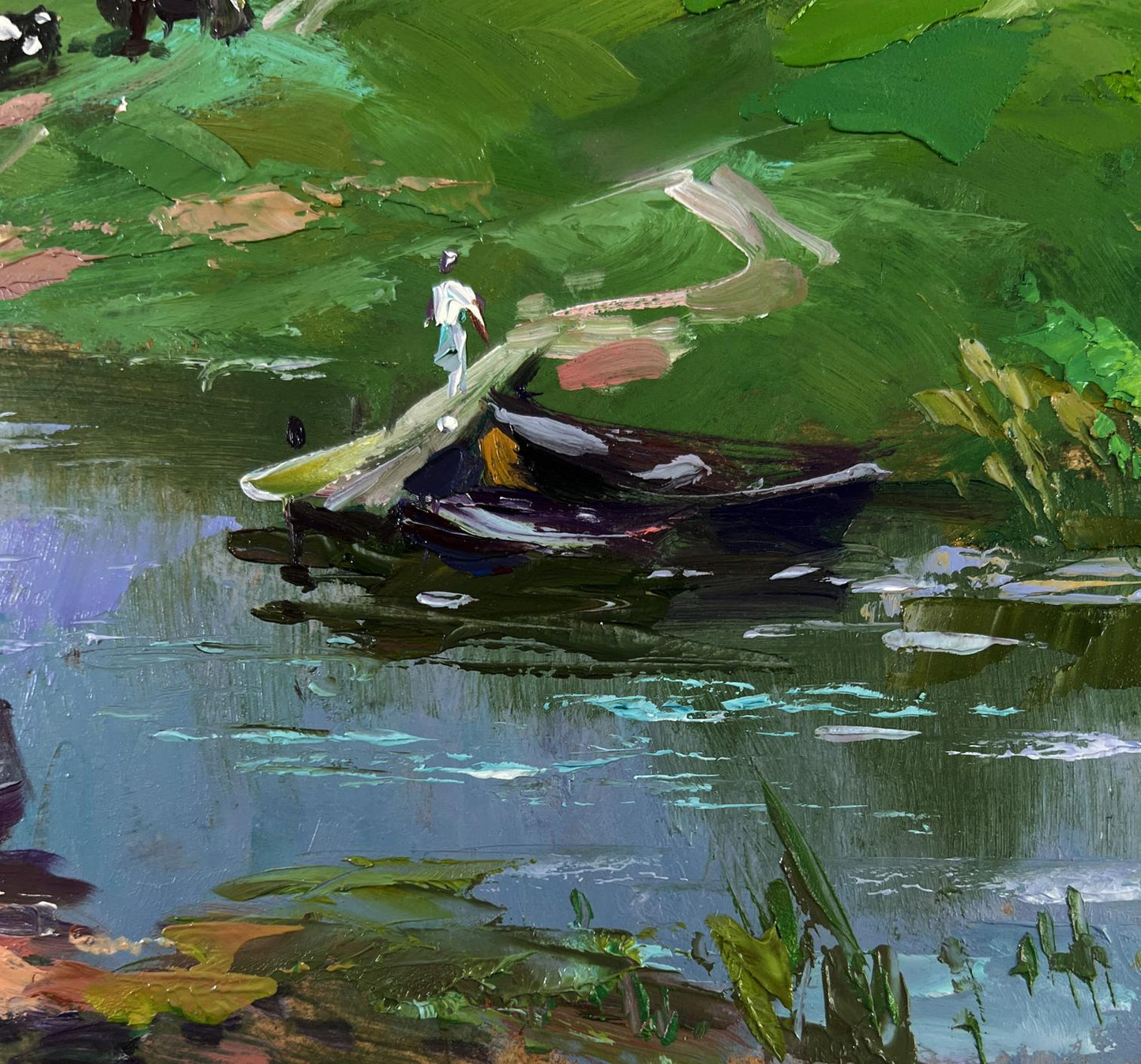 Oil painting of village on quiet shore with dark wooden boat and person on bow by Yuriy Suprunchuk