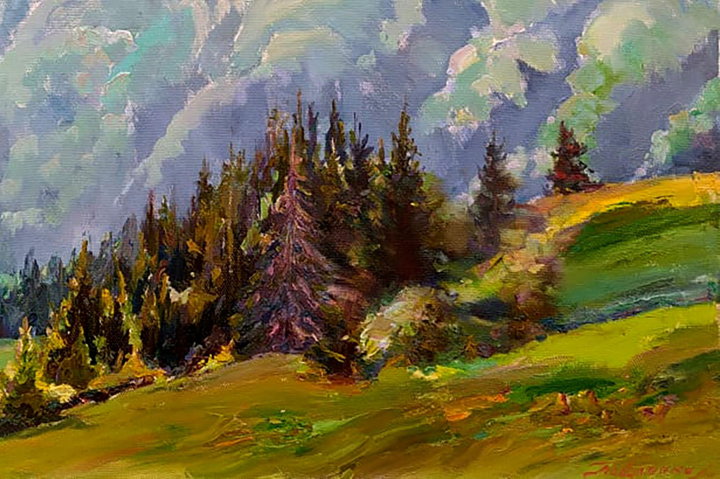 Vibrant impressionistic oil painting of forest mountains by Leonid Pavlenko