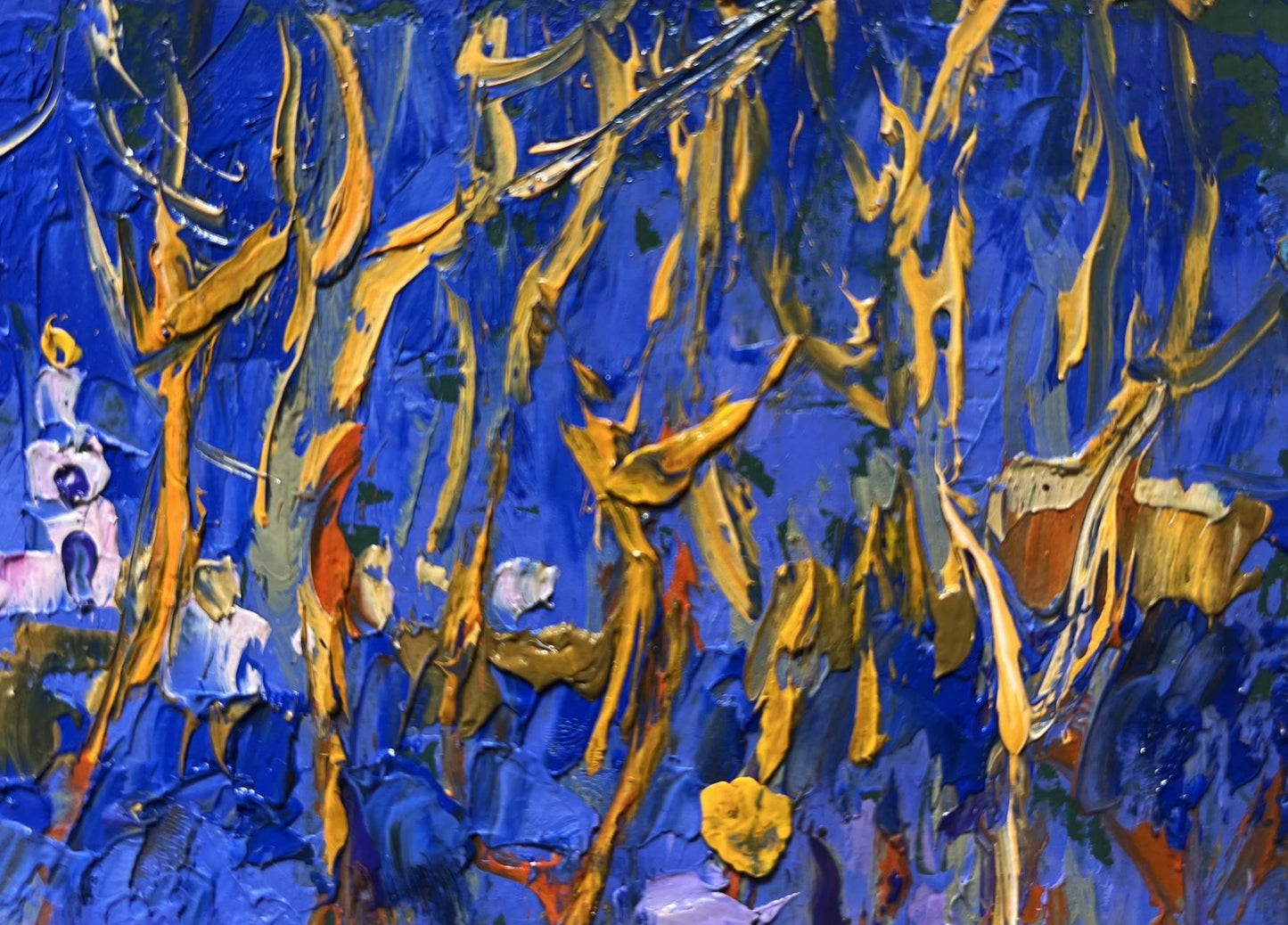 Oil painting Frosty evening in the forest by Oleksiy Ivanyuk, abstract blue and gold