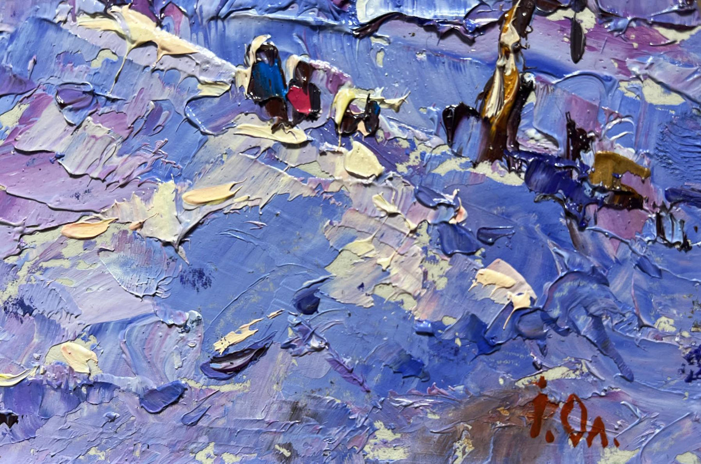 Oil painting Romantic winter evening by Oleksiy Ivanyuk, textured blue purple yellow strokes