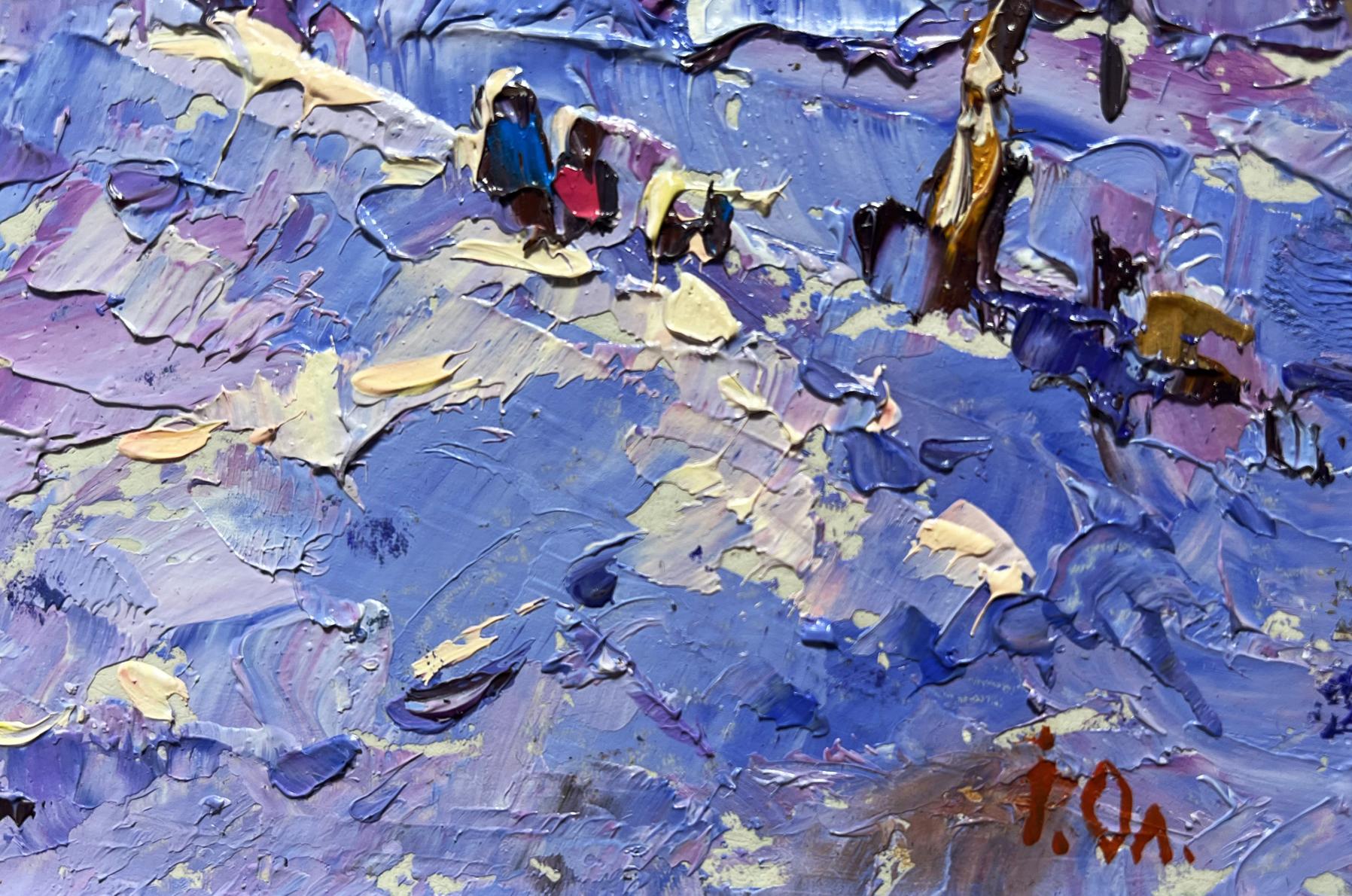 Oil painting Romantic winter evening by Oleksiy Ivanyuk, textured blue purple yellow strokes