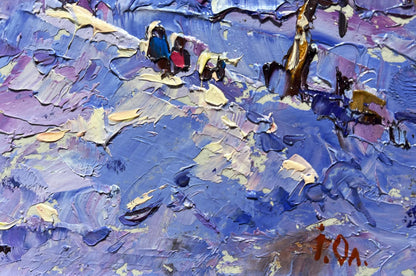 Oil painting Romantic winter evening by Oleksiy Ivanyuk, textured blue purple yellow strokes