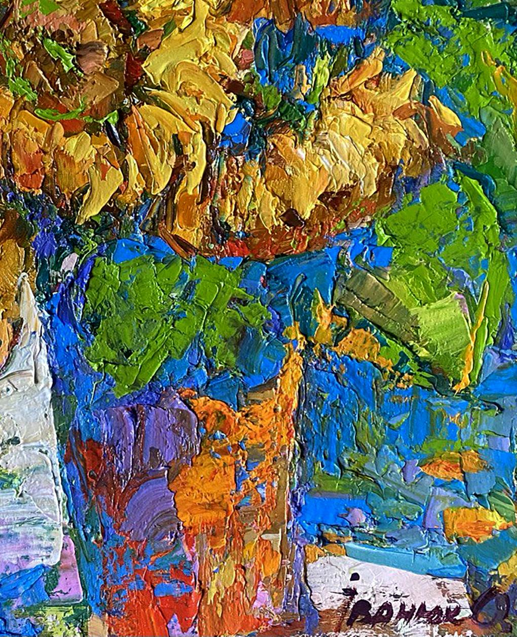 Vibrant impressionist oil painting of sunflowers by Oleksiy Ivanyuk in textured vase
