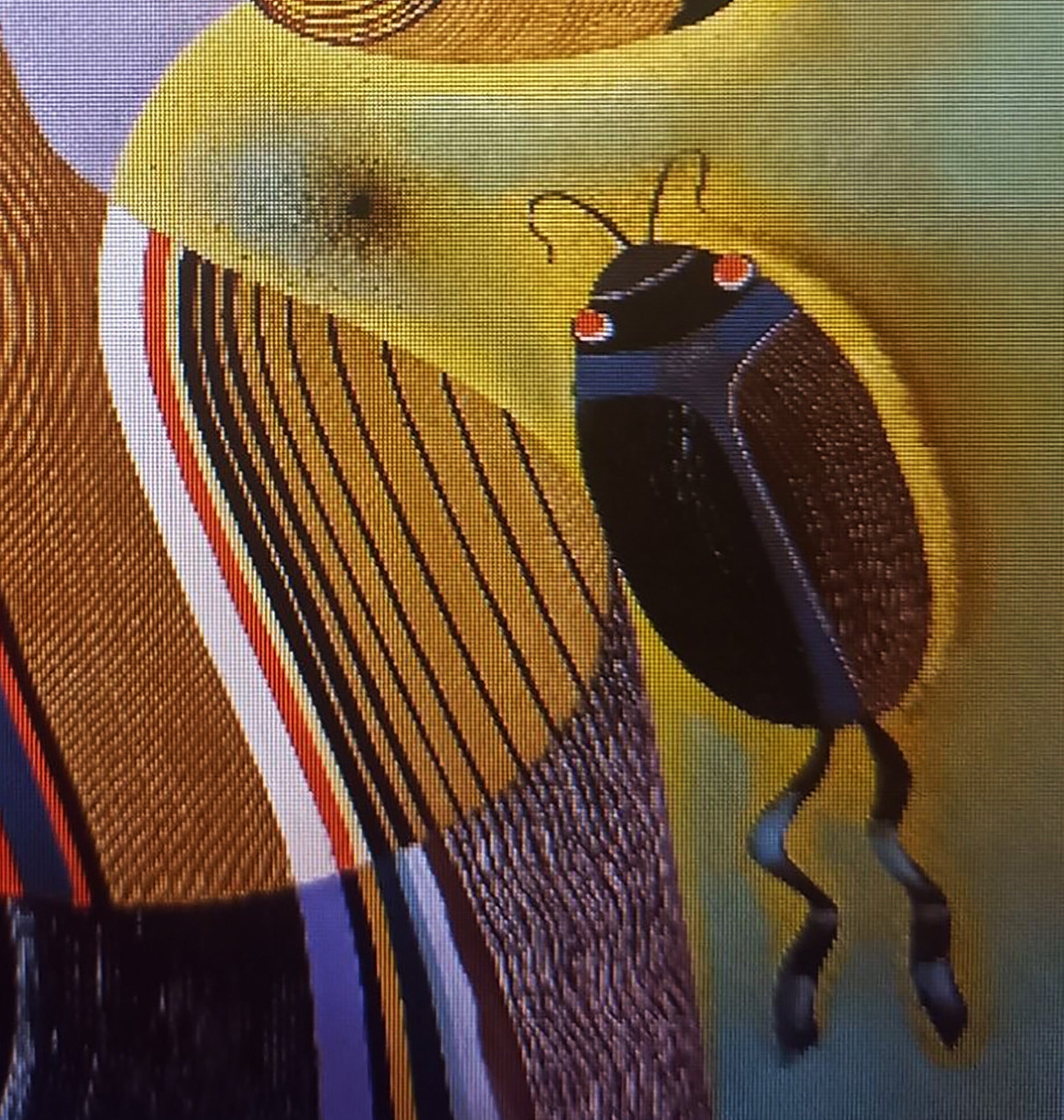 Oil painting of stylized black beetle with red eyes by Alexander Strashevich