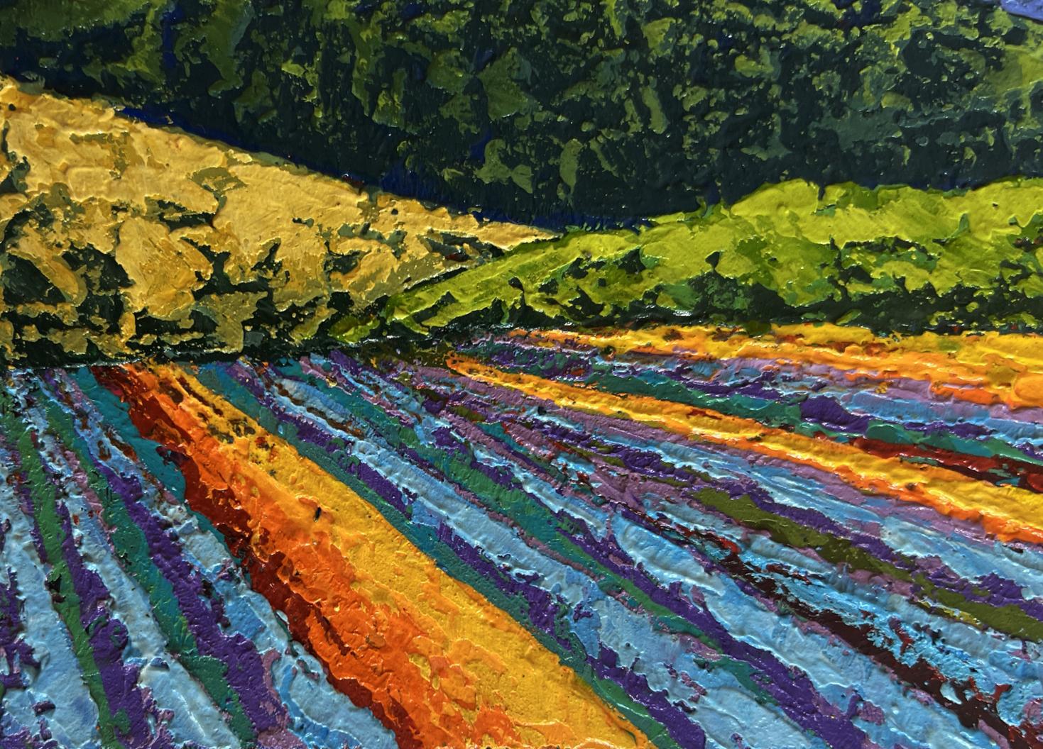 Vibrant impressionist oil painting of lavender sunset over mountains by V. Zadorozhnya