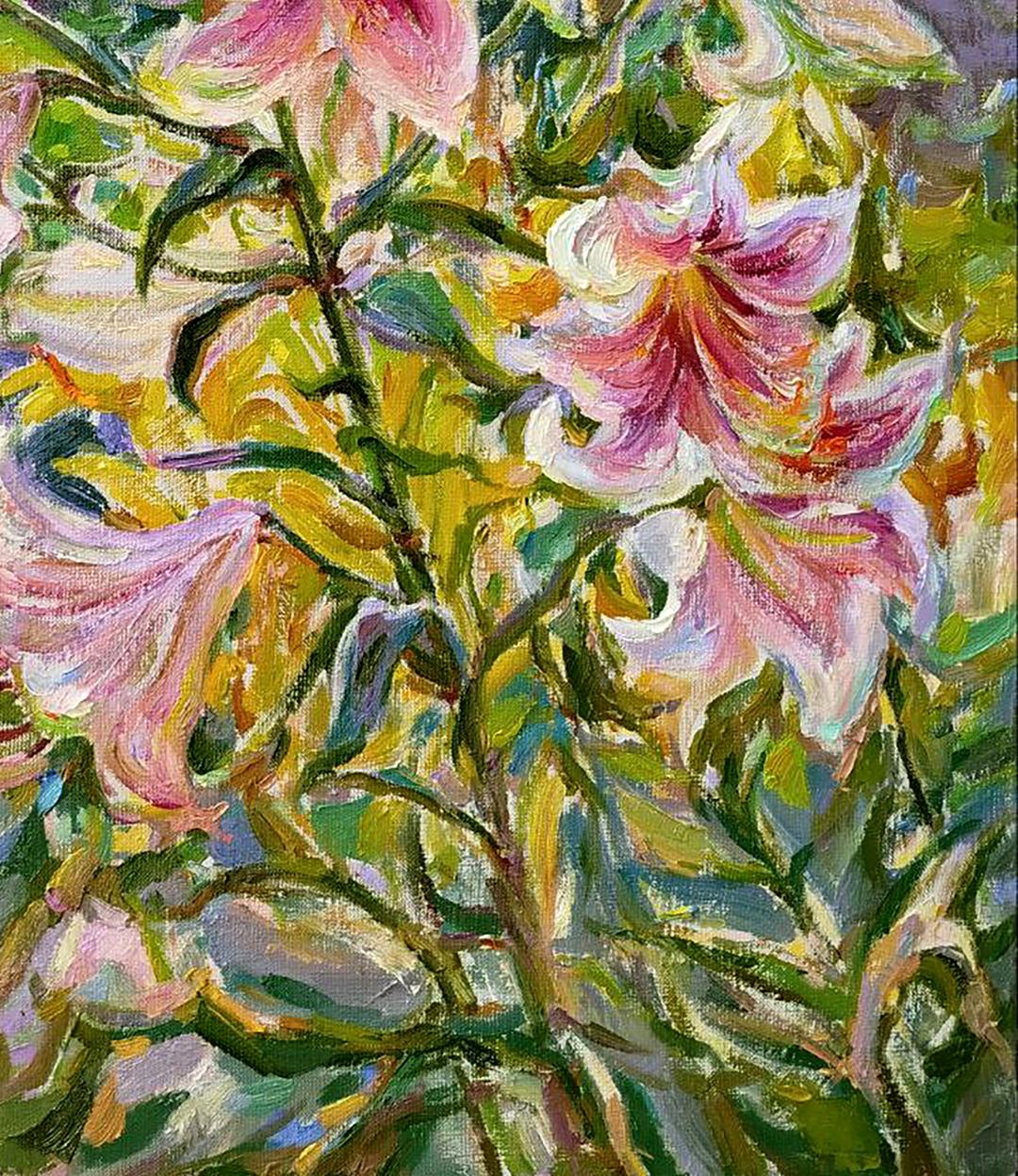 Vibrant oil painting of blooming pink white lilies by Leonid Pavlenko