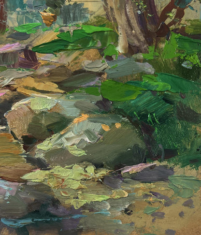 Vibrant forest floor oil painting by Yuriy Suprunchuk, textured green tones