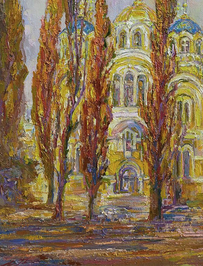 Vibrant oil painting by Leonid Pavlenko: warm autumn cathedral with golden domes