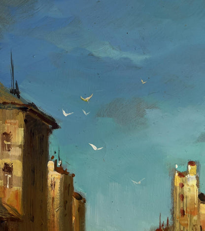 Oil painting by Yuriy Suprunchuk: blue sky, birds over city on water