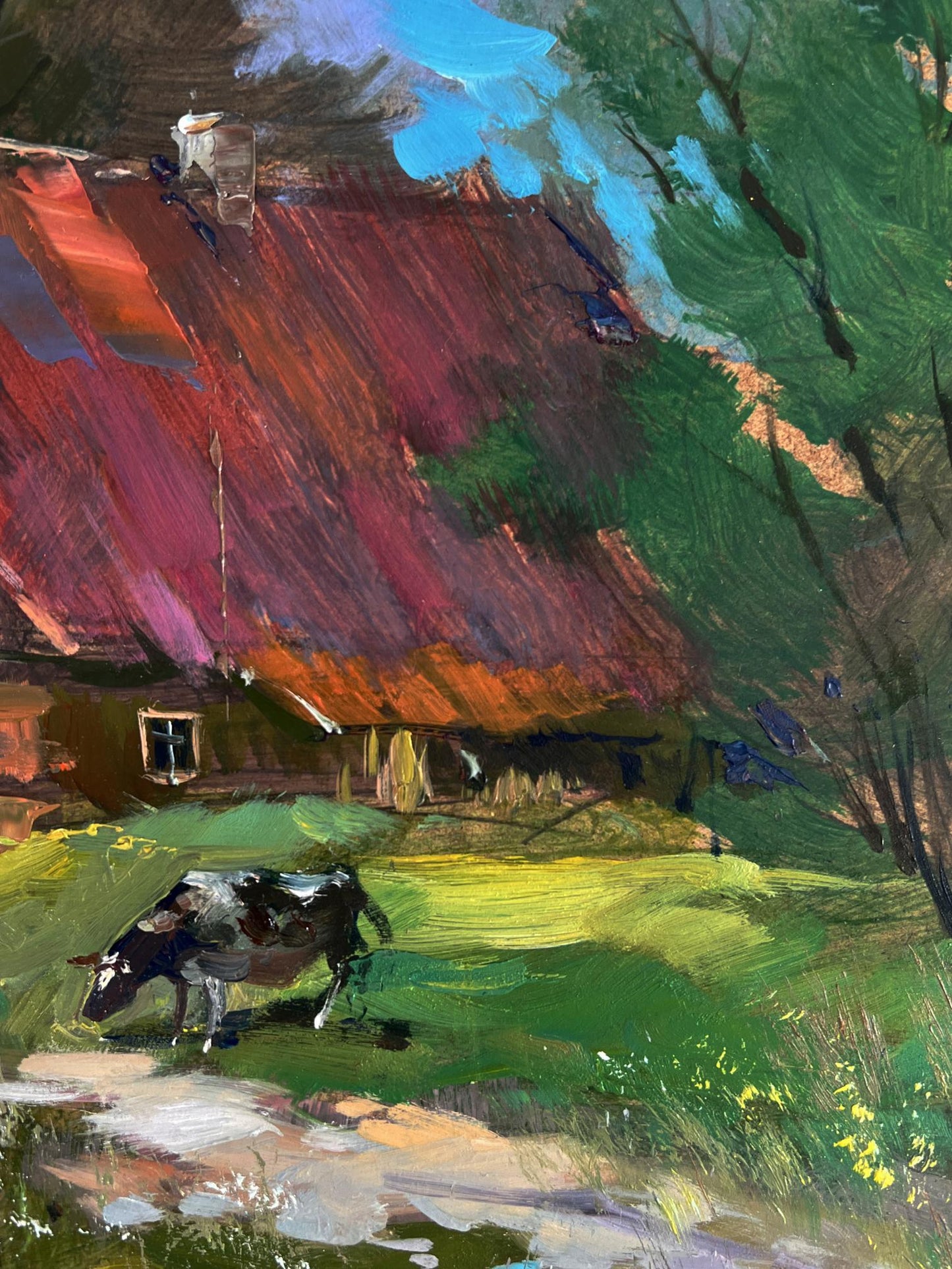 Oil painting by Yuriy Suprunchuk: Cow grazing near rustic thatched house