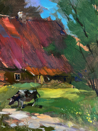 Oil painting by Yuriy Suprunchuk: Cow grazing near rustic thatched house