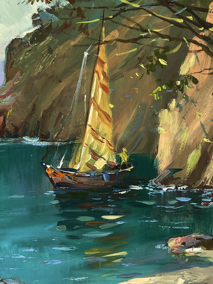 Oil painting of wooden sailboat with yellow sails on turquoise shore by Yuriy Suprunchuk