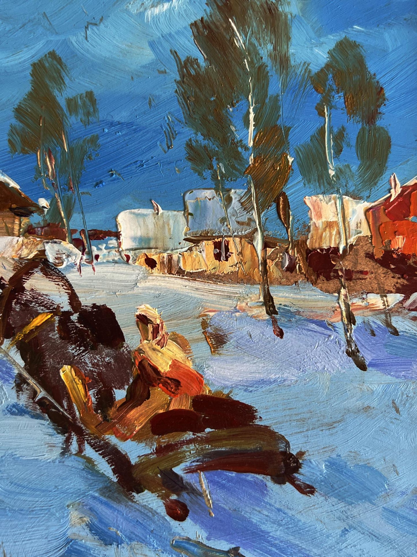 Vibrant impressionist oil painting of snowy Winter village by Yuriy Suprunchuk