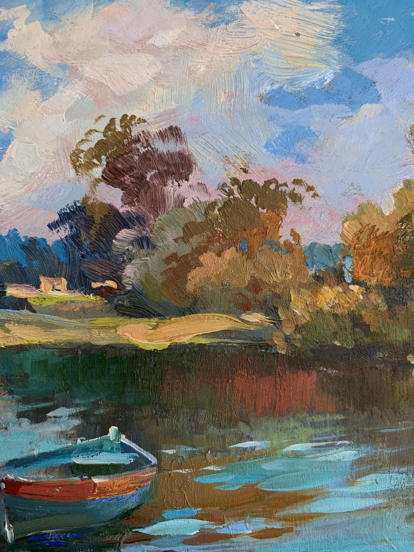 Oil painting by Yuriy Suprunchuk: rowboat on calm water at dusk