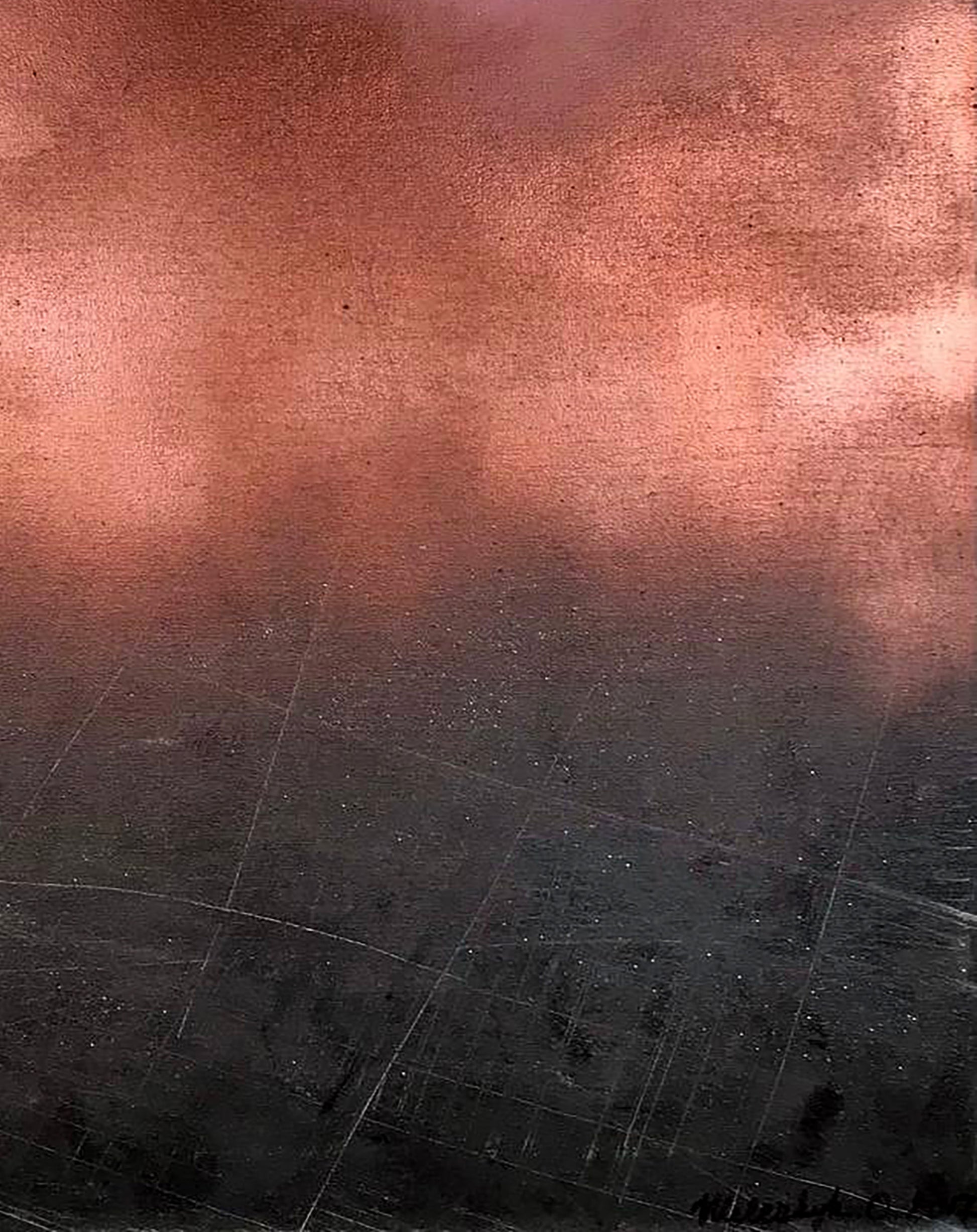 Morning fog abstract painting with coppery-orange gradient and textured dark tones