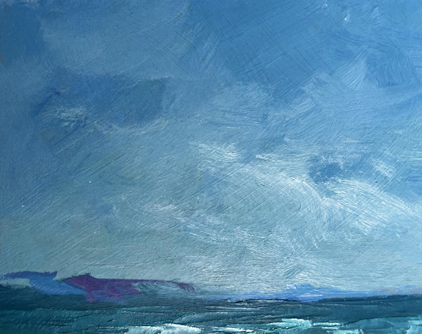 Oil painting of lonely sailboat at sea under textured blue sky and wavy shoreline by Yuriy Suprunchuk