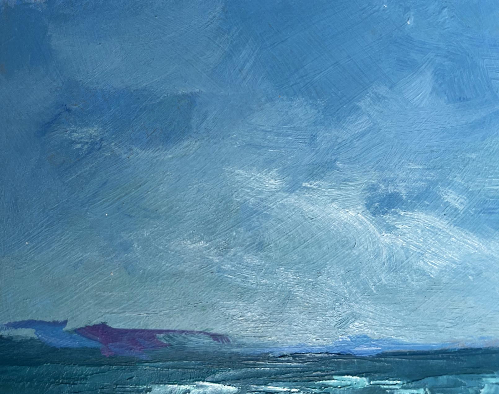 Oil painting of lonely sailboat at sea under textured blue sky and wavy shoreline by Yuriy Suprunchuk