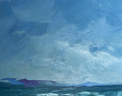 Oil painting of lonely sailboat at sea under textured blue sky and wavy shoreline by Yuriy Suprunchuk