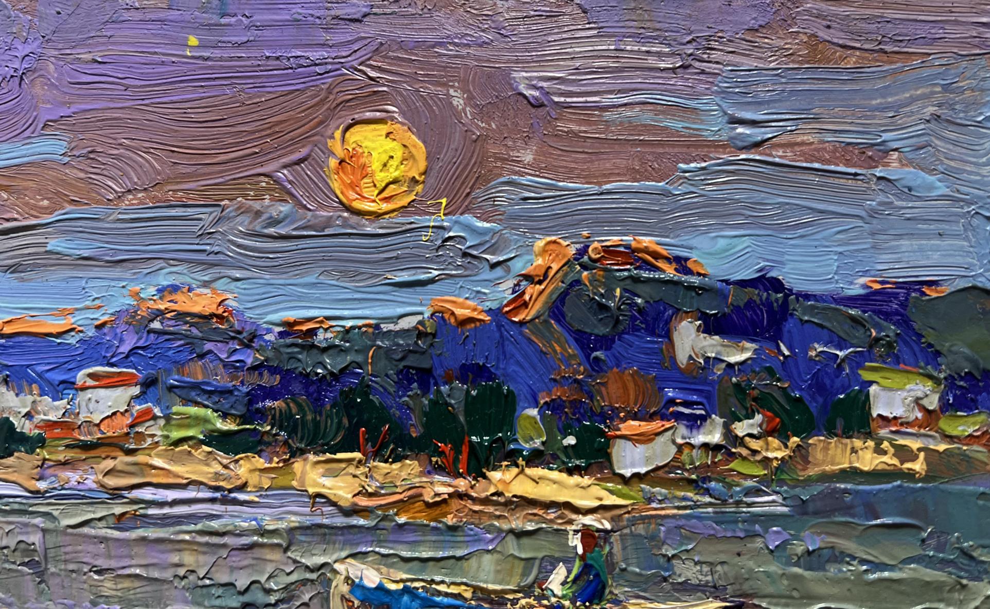 Vibrant impressionist oil painting Moon over the lake by Oksana Ivanyuk