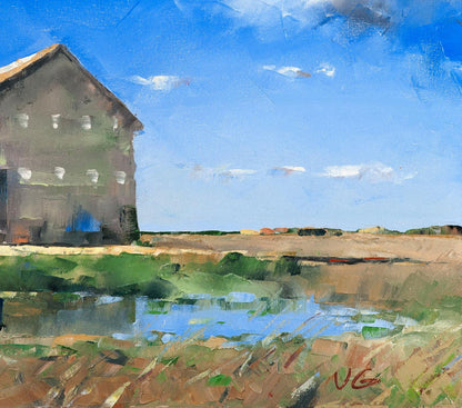 Oil painting Heavenly Mood by Volodymyr Gluhomanyuk: rustic gray barn by pond