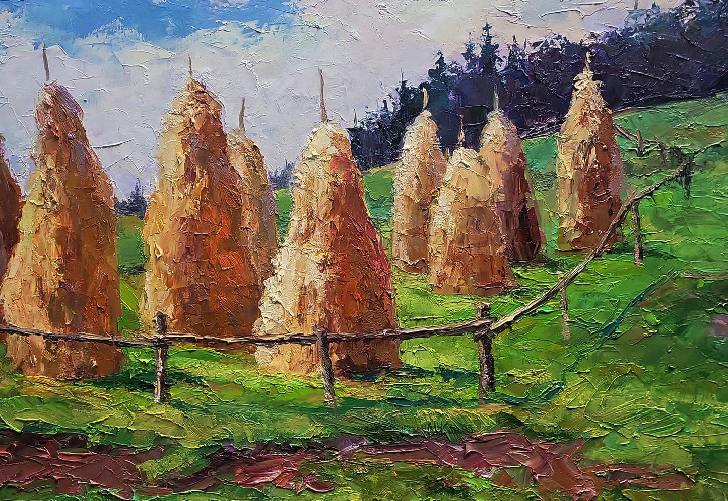Oil painting of golden-brown haystacks in mountains by Boris Serdyuk