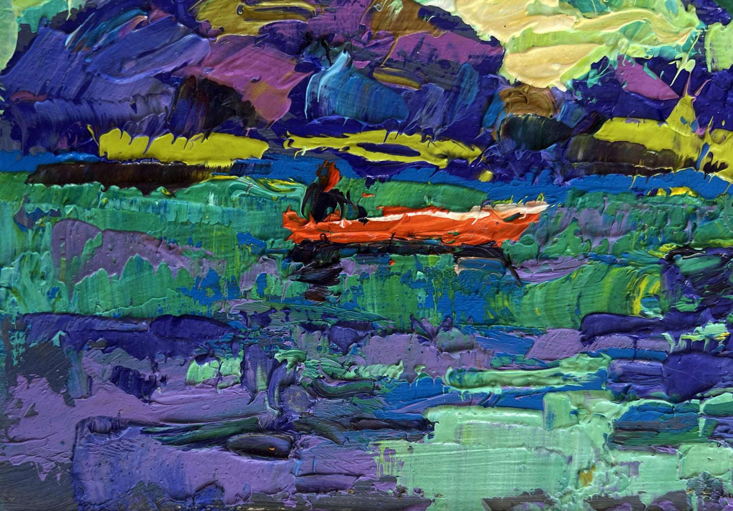 Vibrant orange canoe in Oleksiy Ivanyuk oil painting of river and yellow sunset