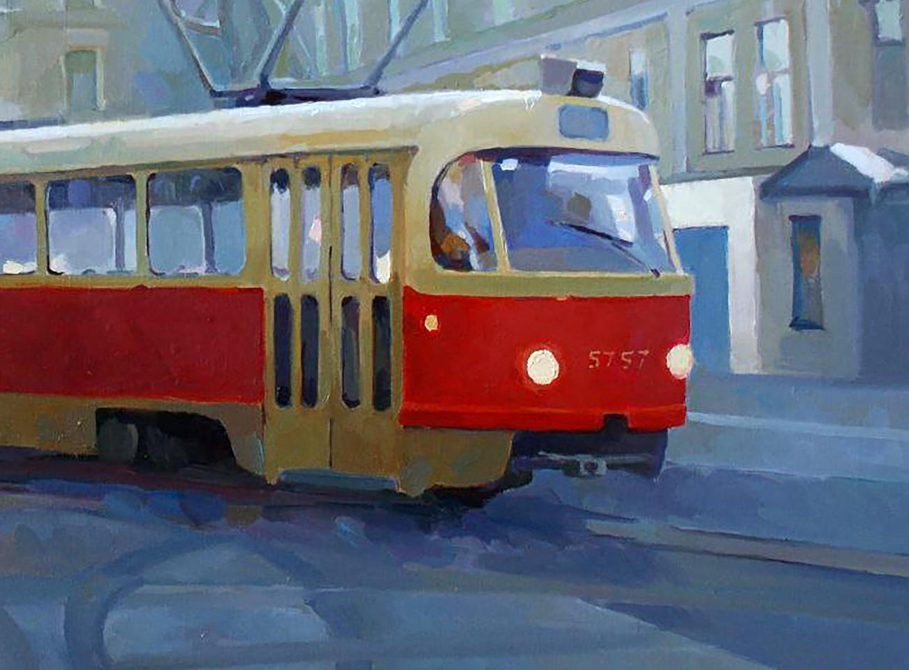 Red and cream vintage tram with black slats in Anastasia Yaroshevich oil painting