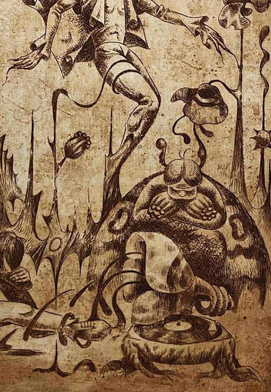 Sepia etching Falling into the sky by Oleksandr Zhmailo with surreal creatures