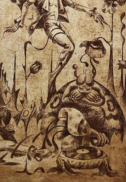 Sepia etching Falling into the sky by Oleksandr Zhmailo with surreal creatures
