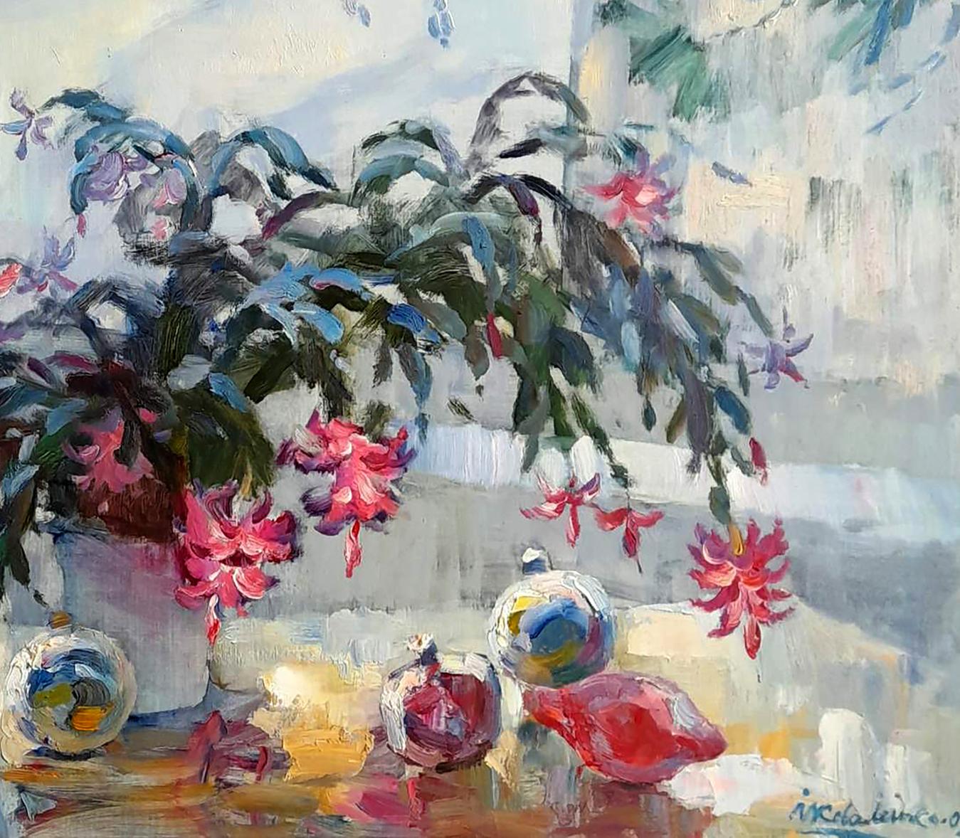 Vibrant Oi painting Flowers on the windowsill by Ivan Kovalenko with pink blossoms