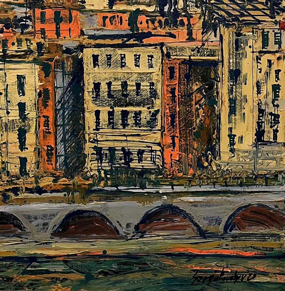 Oil painting Approximation by Serhiy Kovalev: abstract urban buildings in orange yellow