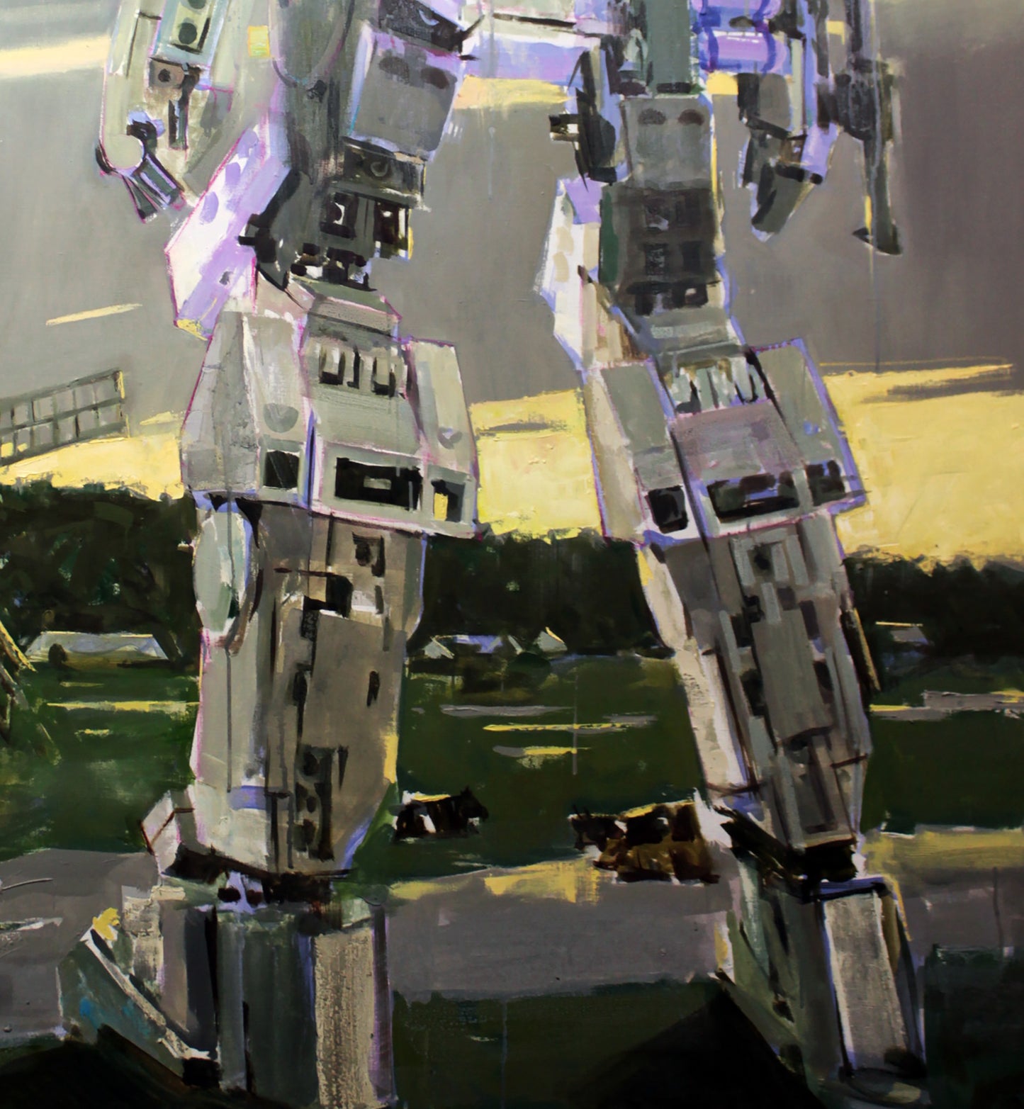 Oil painting Silence by Ed Potapenkov: towering gray mecha robot in landscape