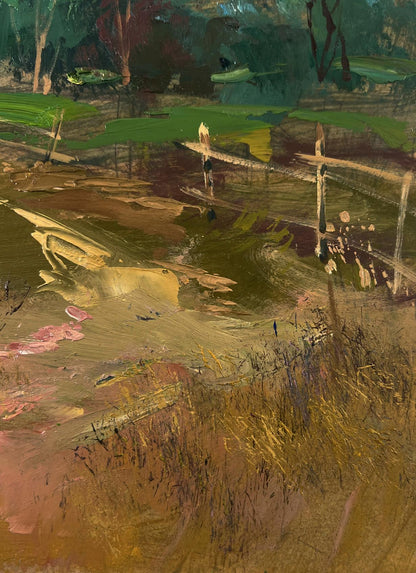 Oil painting of village with horses by Yuriy Suprunchuk, impasto greens and ochres