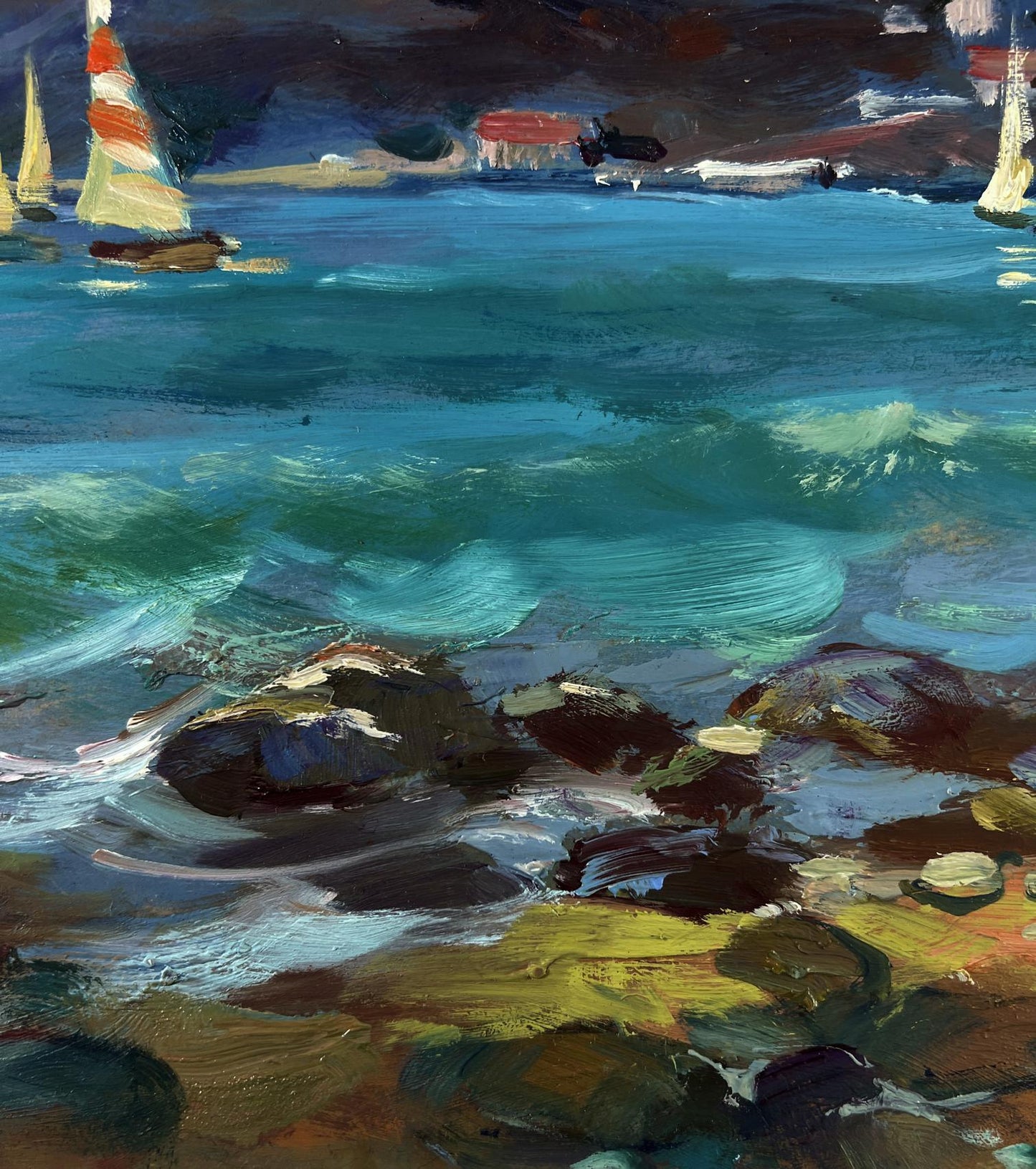 Oil painting Seagulls over turquoise waves by Yuriy Suprunchuk