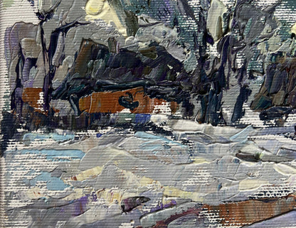 Oil painting Winter morning in the village by Oleksiy Ivanyuk impasto grays