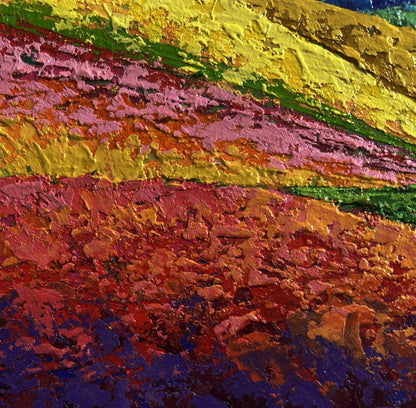Vibrant impasto oil painting of mountains covered with meadows by V. Zadorozhnya