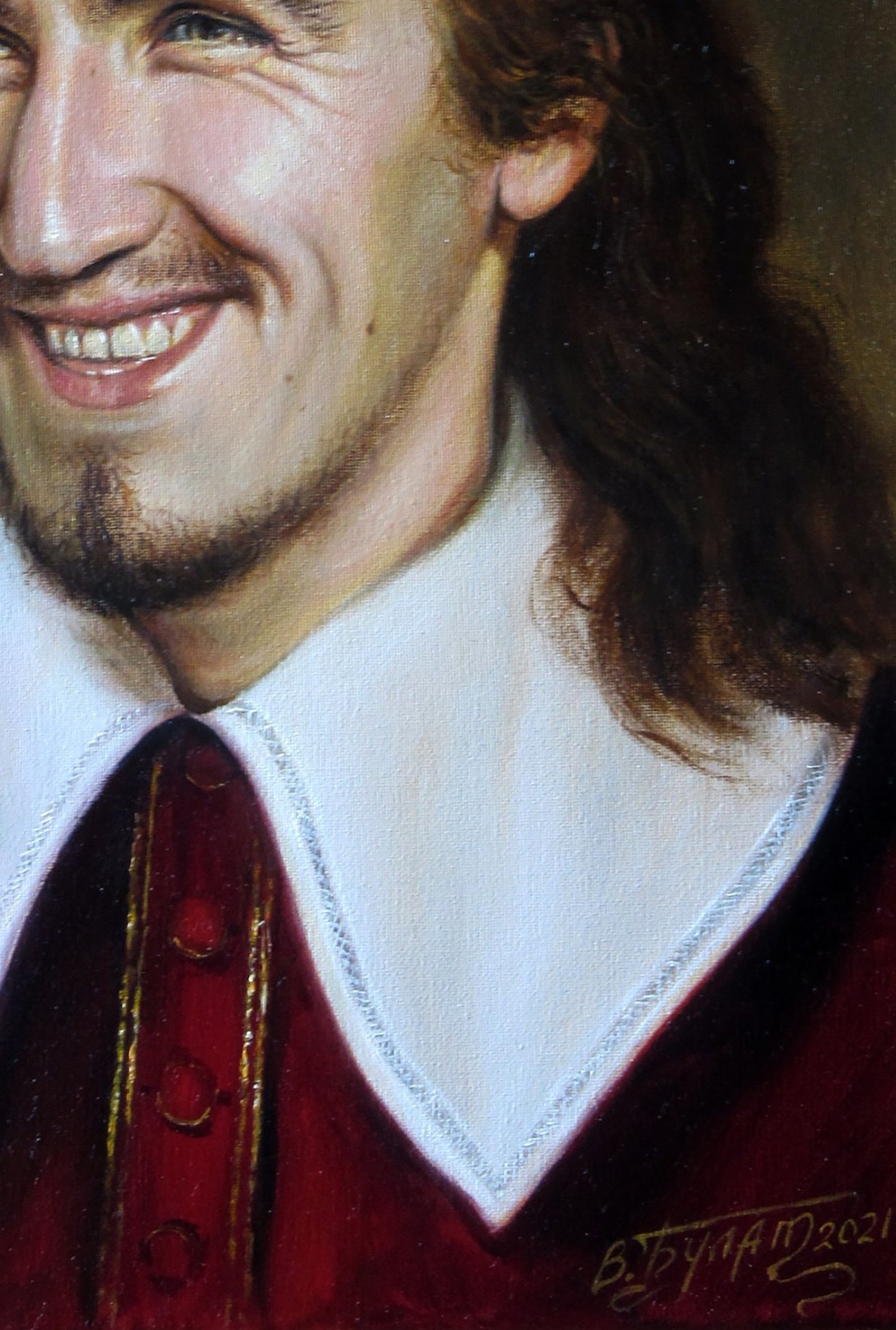 Oil painting Fun time Valeriy Bulat portrait of smiling man in red velvet doublet