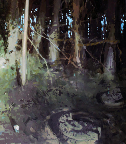 Oil painting Outskirts Ed Potapenkov: dark textured forest floor with leaves twigs